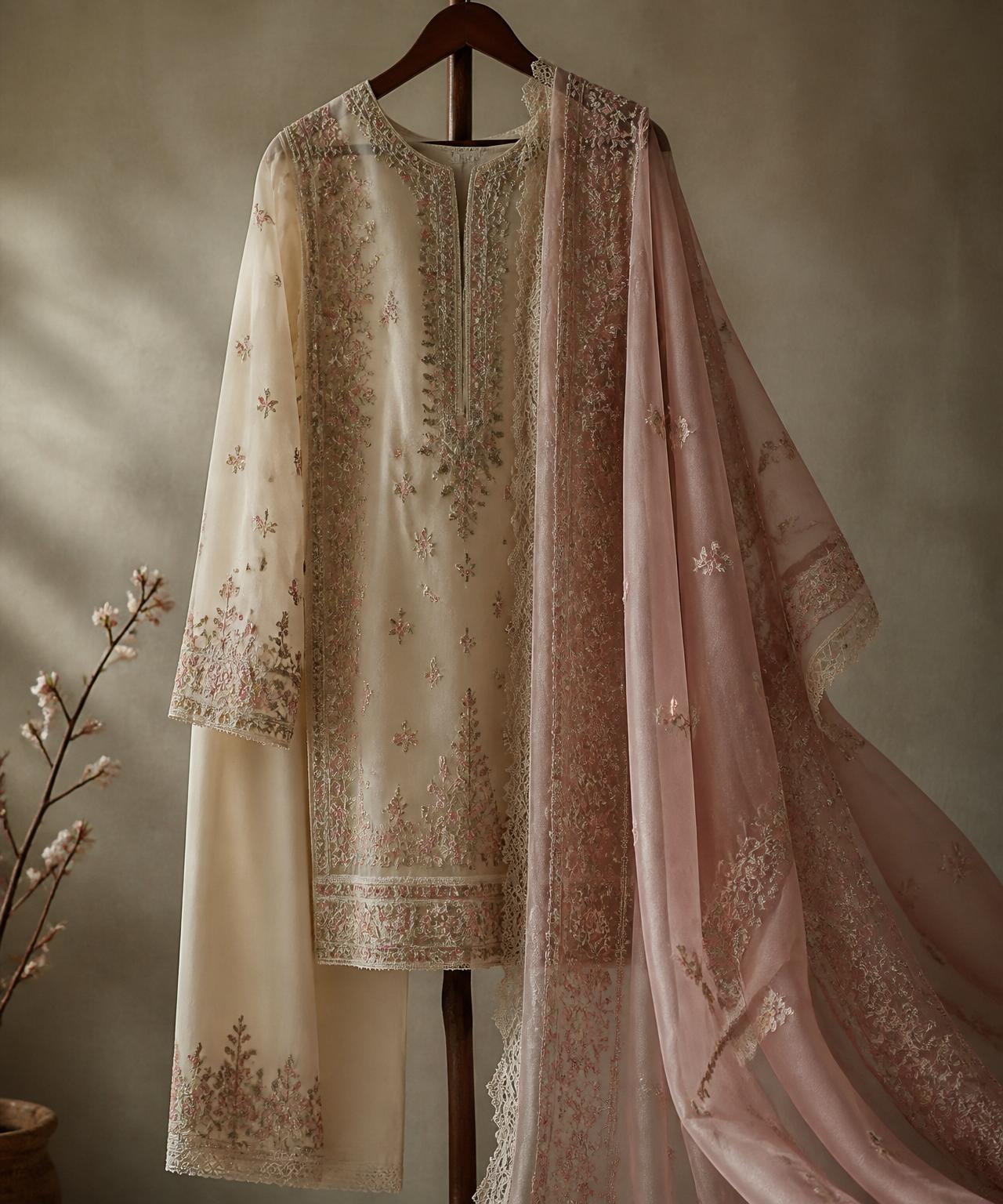 Detail of hand embroidery on chiffon